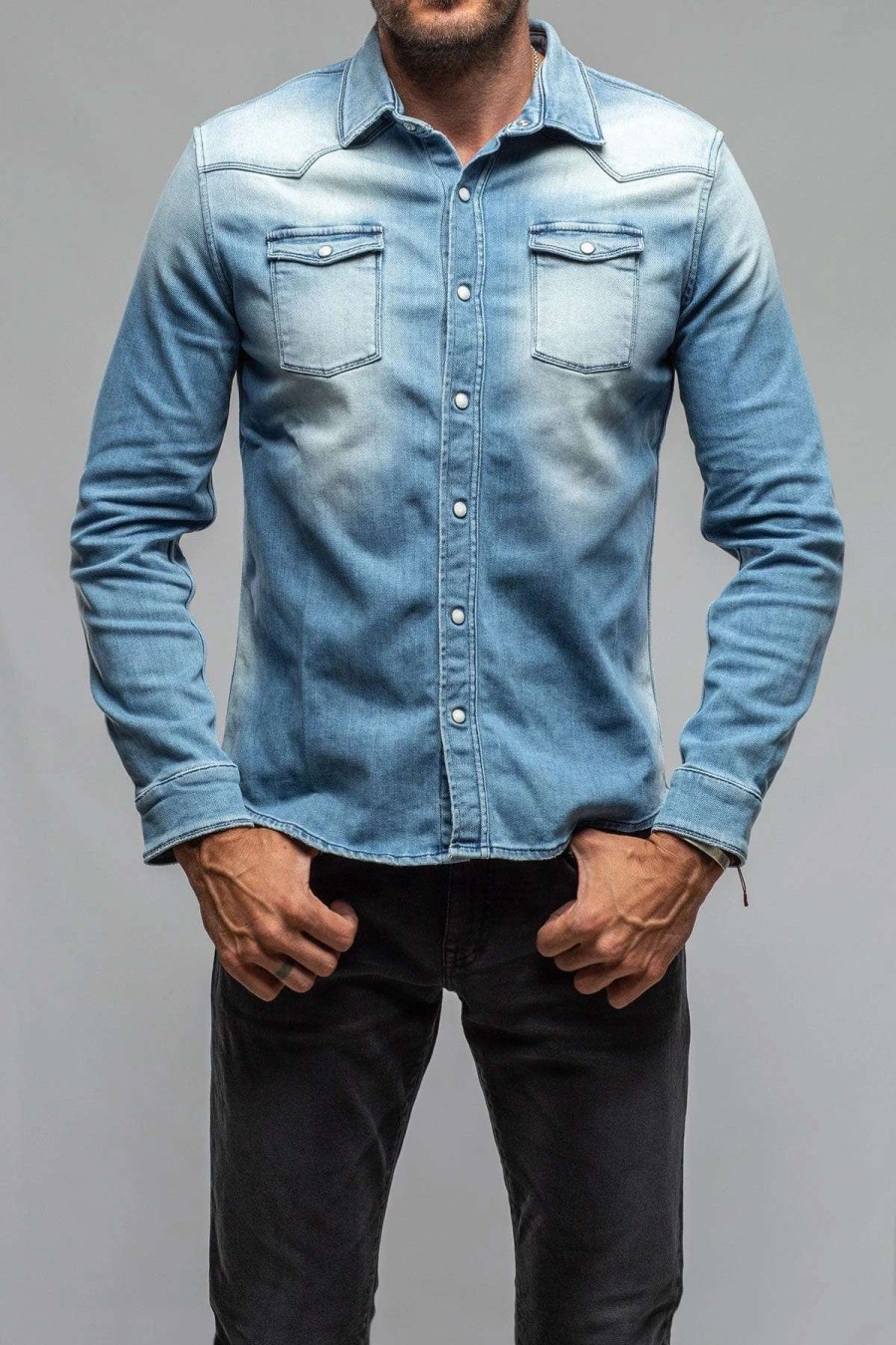 Snap Shirts * | Axels Premium Denim Roper Western Snap Shirt In Light Blue