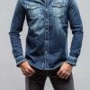 Snap Shirts * | Axels Premium Denim Roper Western Snap Shirt In Medium Dark Blue