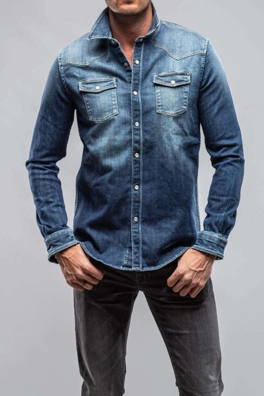 Snap Shirts * | Axels Premium Denim Roper Western Snap Shirt In Medium Dark Blue