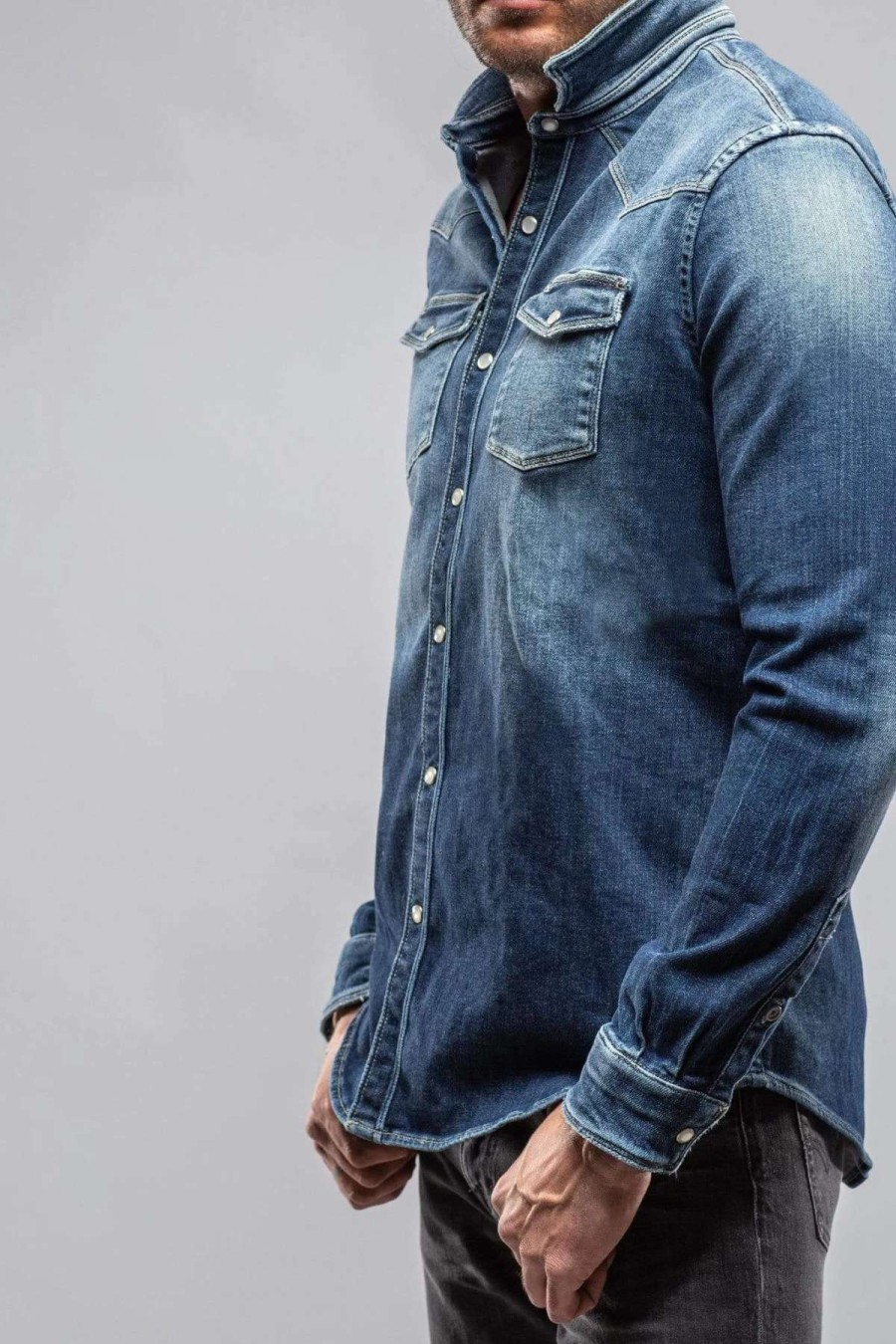 Snap Shirts * | Axels Premium Denim Roper Western Snap Shirt In Medium Dark Blue