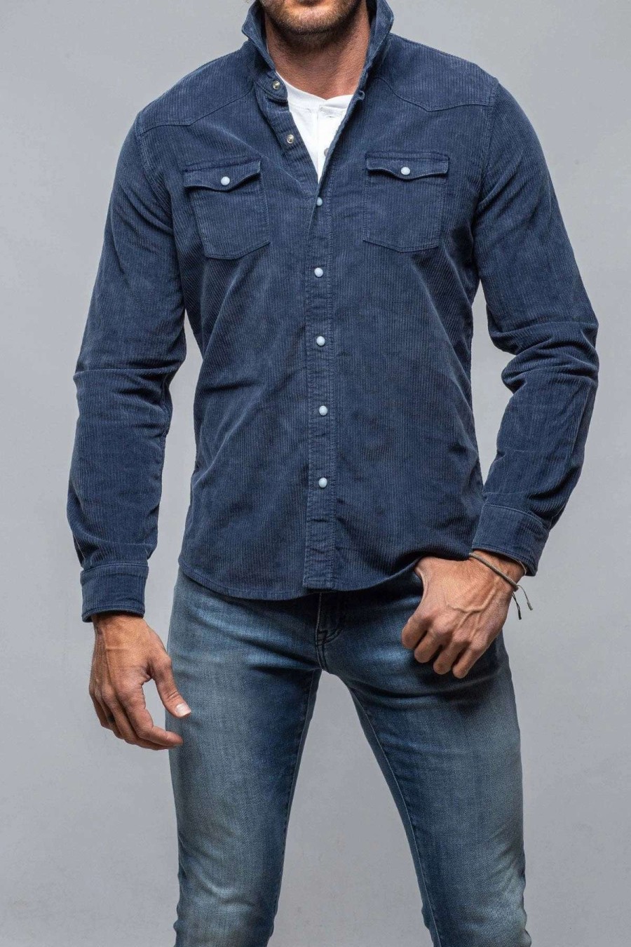 Snap Shirts * | Axels Premium Denim Brooks Corduroy Snap Shirt In Blu Cina