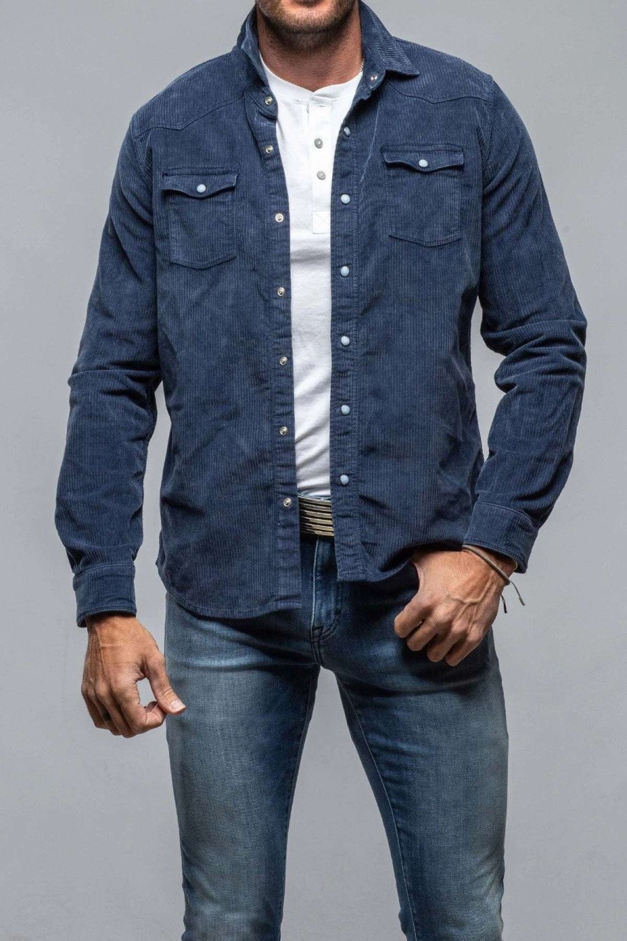 Snap Shirts * | Axels Premium Denim Brooks Corduroy Snap Shirt In Blu Cina