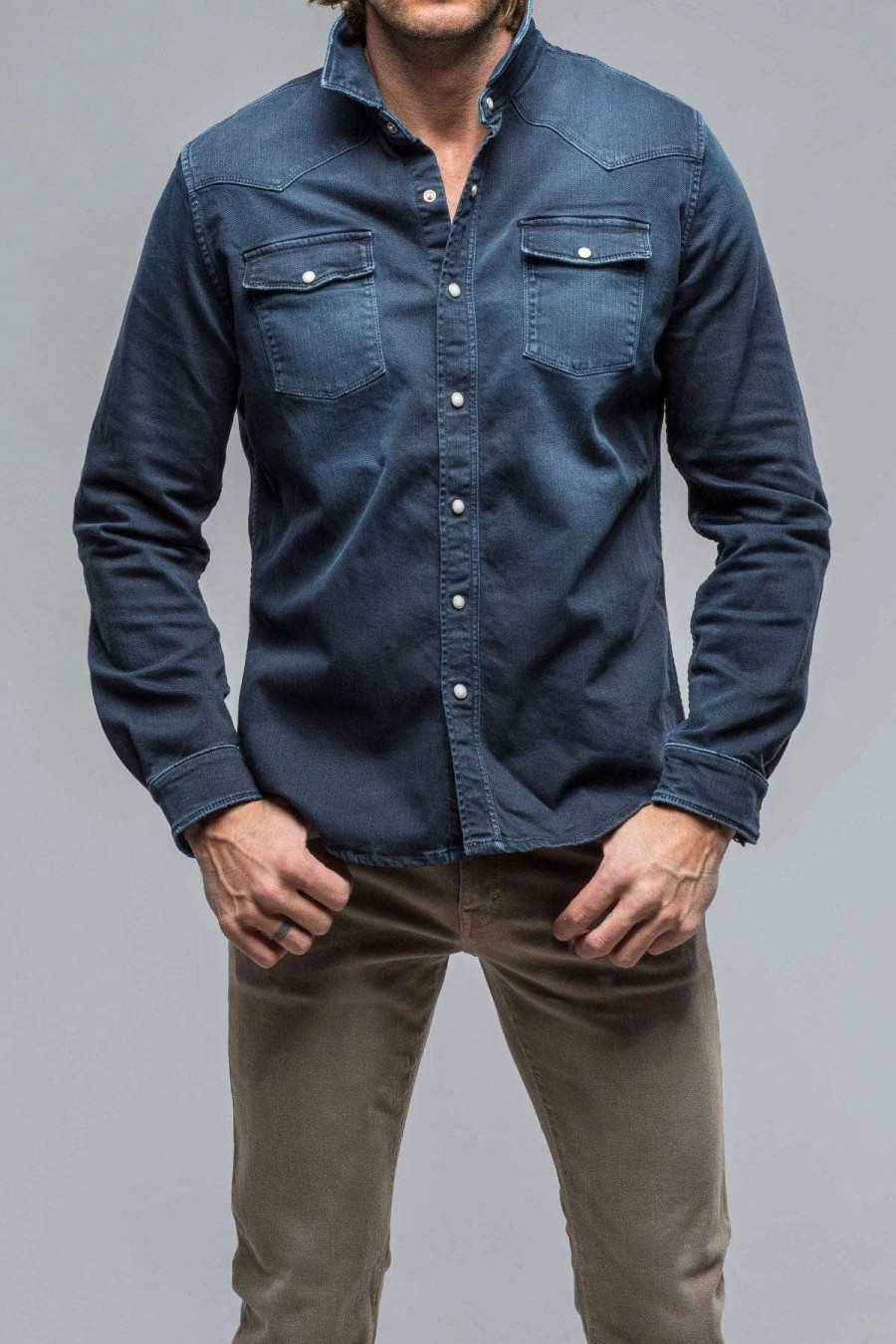 Snap Shirts * | Axels Premium Denim Ranger Denim Snap Shirt In Blue Navy