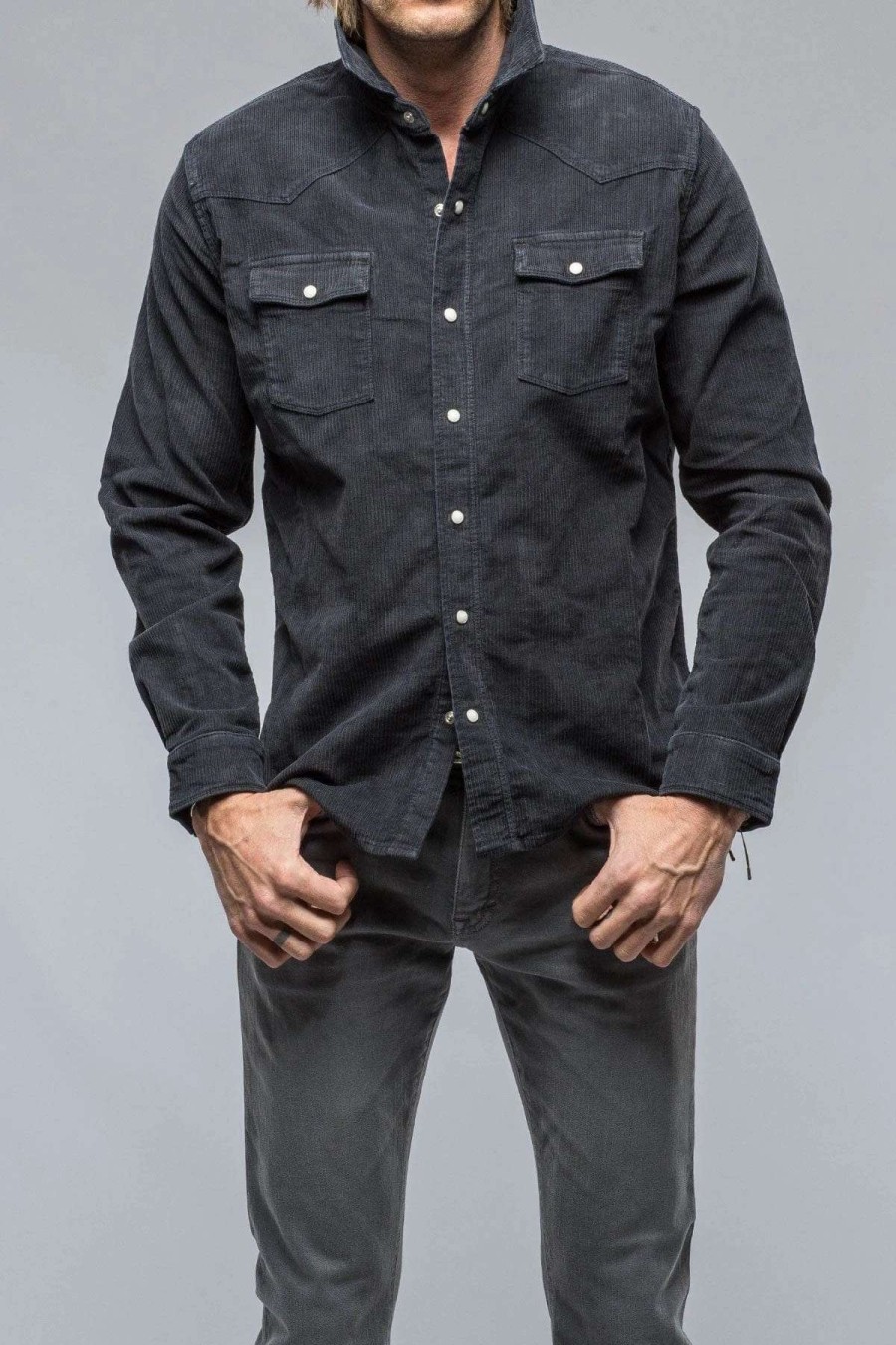 Snap Shirts * | Axels Premium Denim Brooks Corduroy Snap Shirt In Anthracite