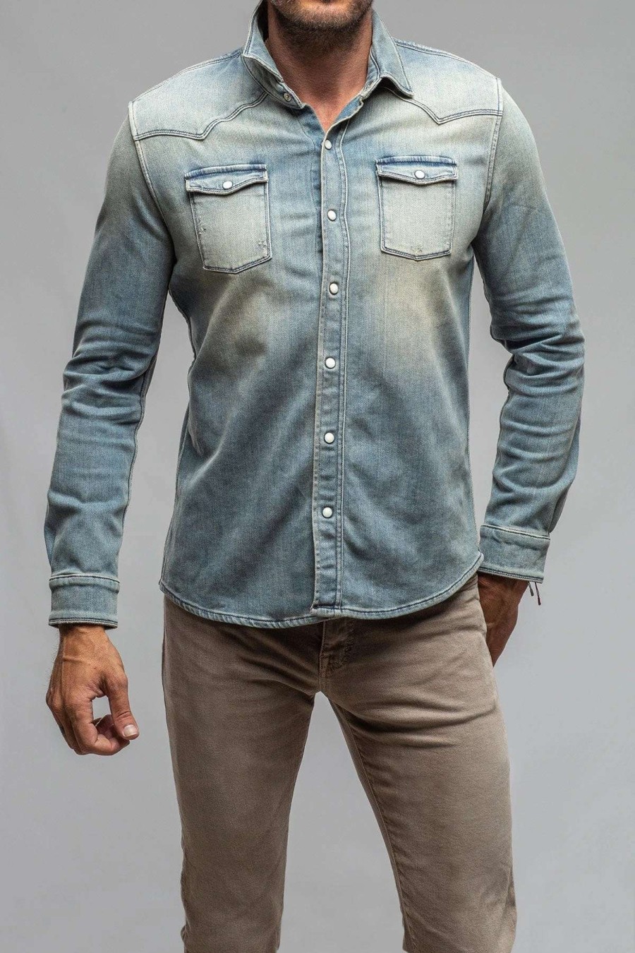 Snap Shirts * | Axels Premium Denim Roper Western Snap Shirt In Mid Blue