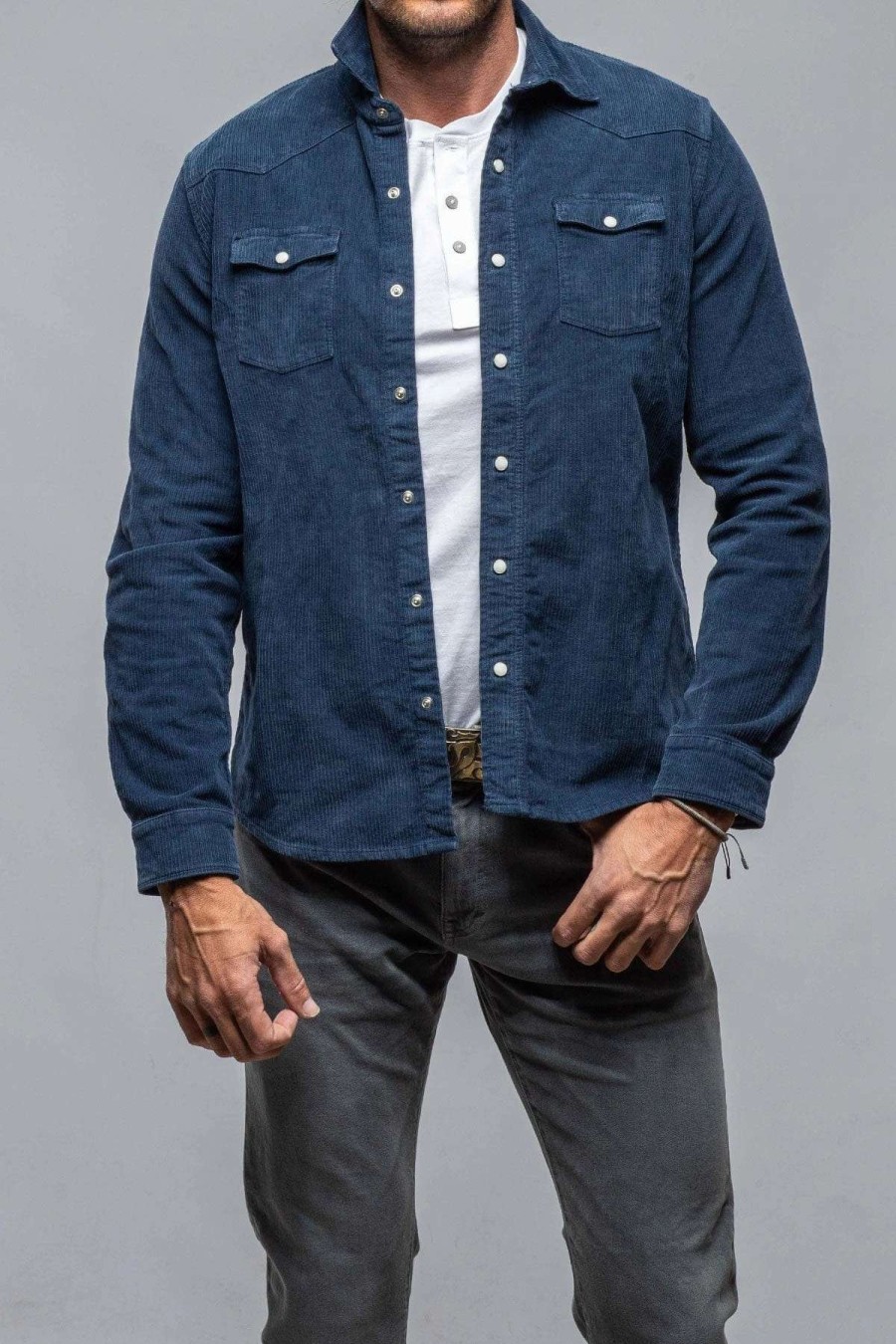 Snap Shirts * | Axels Premium Denim Brooks Corduroy Snap Shirt In Navy