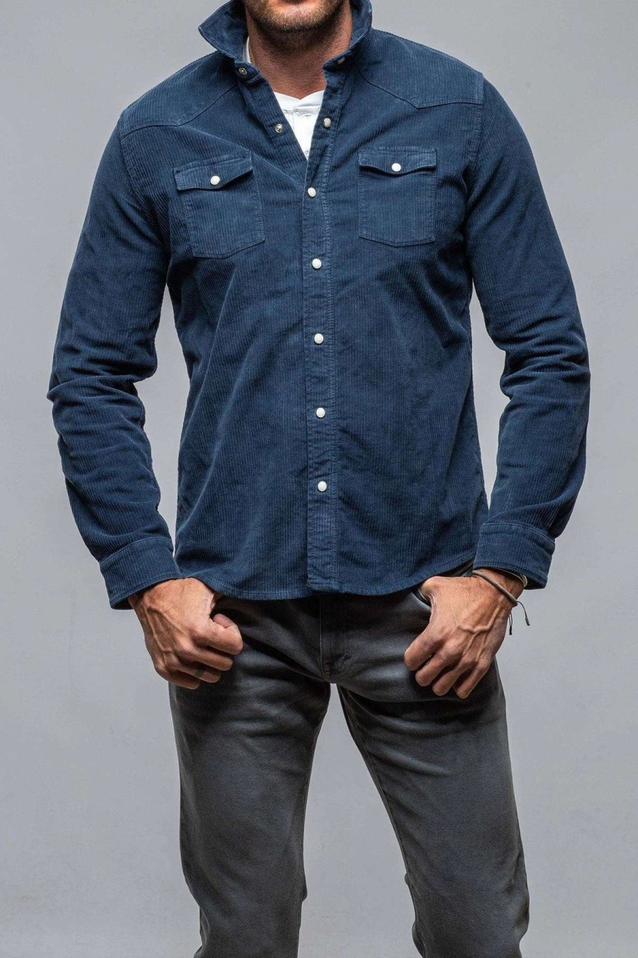 Snap Shirts * | Axels Premium Denim Brooks Corduroy Snap Shirt In Navy