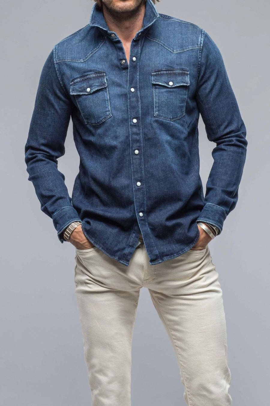 Snap Shirts * | Axels Premium Denim Roper Western Snap Shirt In Dark Blue