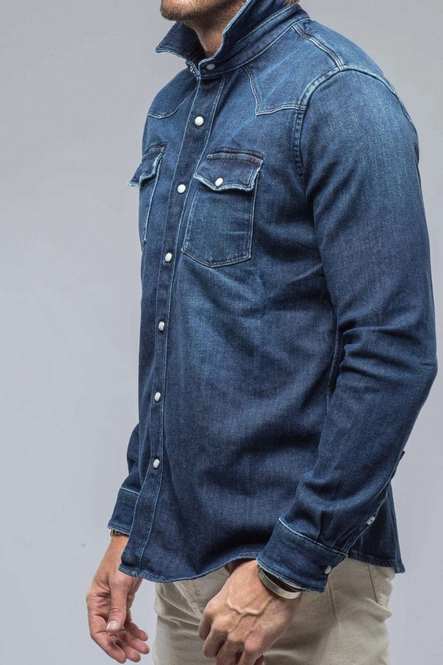 Snap Shirts * | Axels Premium Denim Roper Western Snap Shirt In Dark Blue